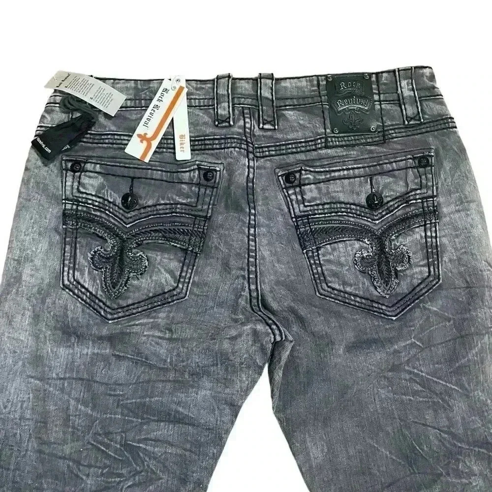 Rock Revival Mike Straight Jeans Distressed Men’s Size 40x33 Black Gray Denim